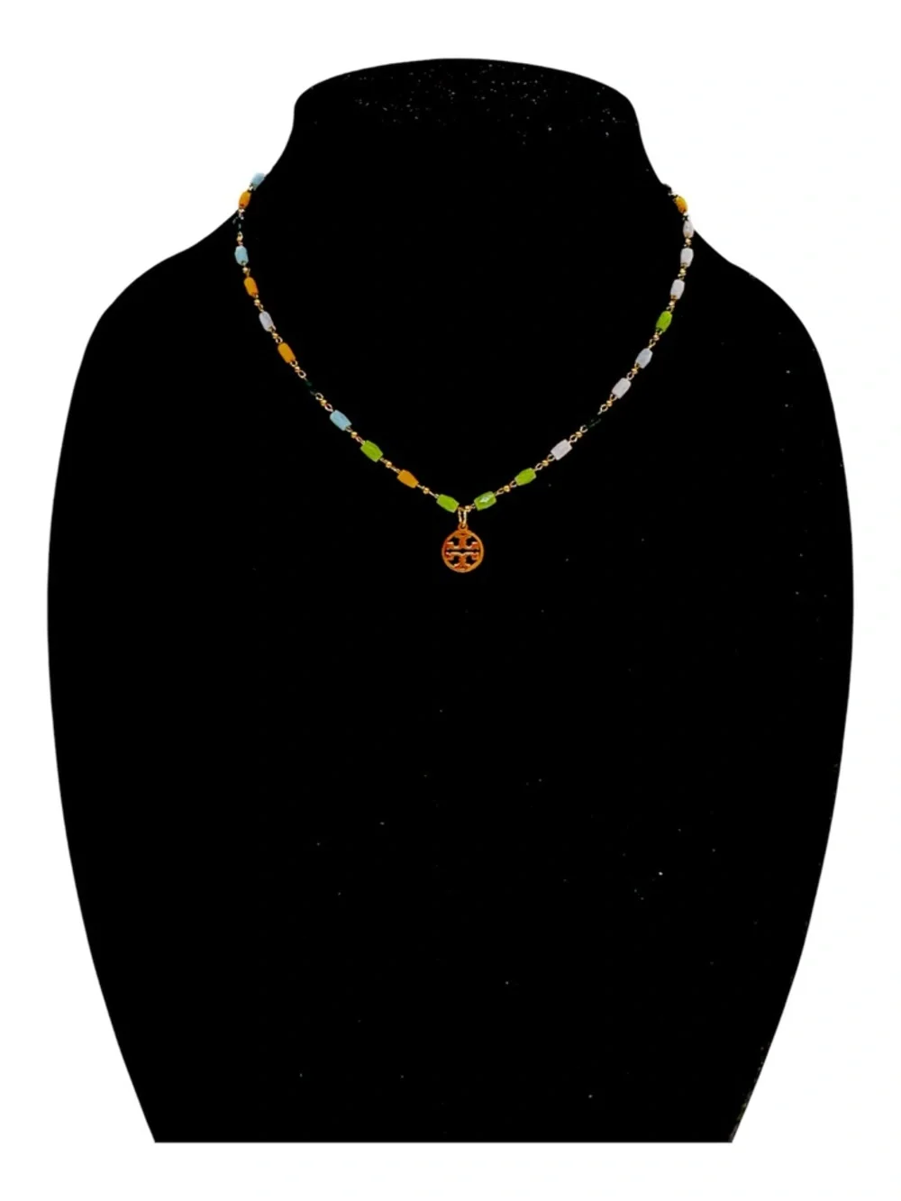 TORY BURCH SIGNATURE LOGO CHARM ON A DAINTY BEADED CHAIN 18K GOLD PVD